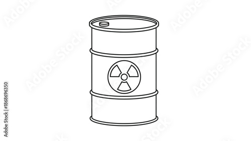 Simple line drawing of a cylindrical metal barrel with a radioactive warning symbol
