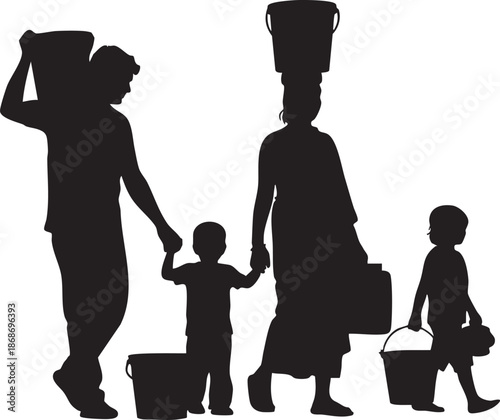 Silhouettes of people carrying containers and holding hands in a line
