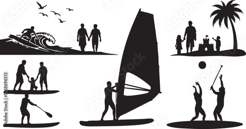 Silhouettes of people engaging in various beach and water activities surfing windsurfing