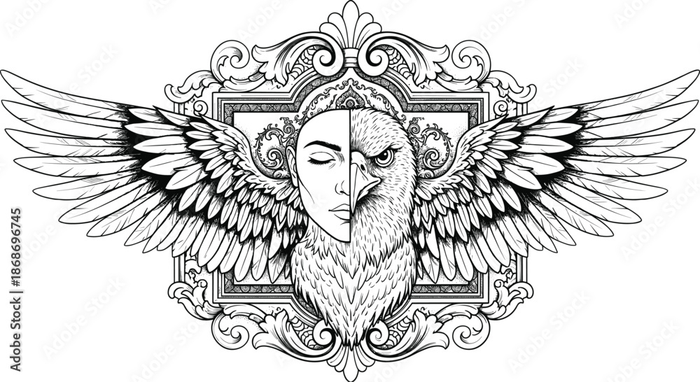 Obraz premium Intricate black and white vector line art illustration of a split face featuring a woman and an eagle with large spreading wings.