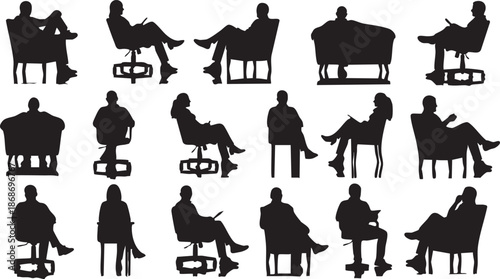 Silhouettes of people sitting on various chairs and sofas in different poses