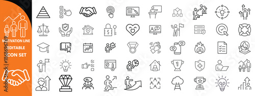 Motivation line editable icon set. Containing personal growth, goal setting, perseverance, achievement, teamwork, passion, thumbs up, and more. Motivation  big icon set design . 