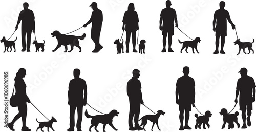Silhouettes of people walking dogs of various breeds and sizes on leashes