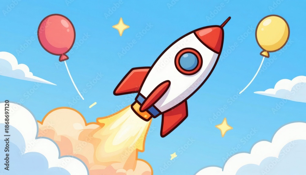 Naklejka premium Rocket launch celebration with balloons in a clear sky digital illustration fun and whimsical environment colorful and exciting viewpoint