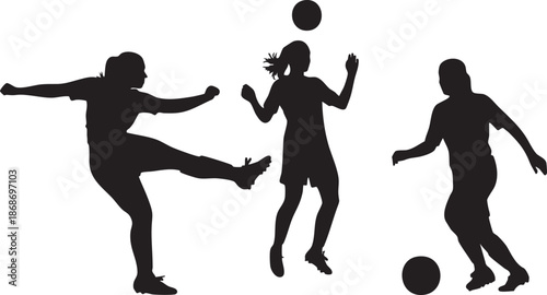 Silhouettes of women playing soccer with a ball in mid-air and on the ground sports