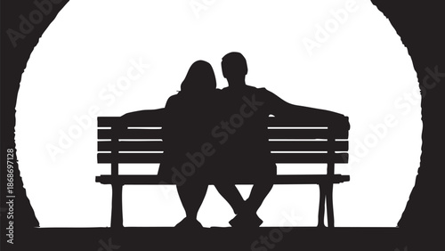 Silhouettes of two people sitting on a park bench in a circular frame couple