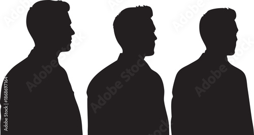 Three black silhouette profiles of men facing left with short hair and different facial white