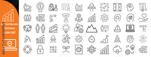 Motivation line editable icon set. Containing personal growth, goal setting, perseverance, achievement, teamwork, passion, thumbs up, and more. Motivation  big icon set design . 