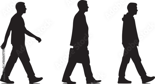 Three black silhouettes of men walking in different styles on a white background
