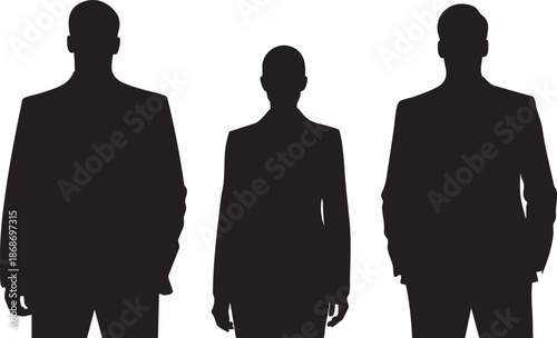 Three black silhouettes of people in suits standing side by side against a white background