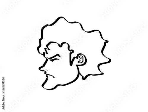 Stylized cartoon man with wavy hair and focused expression