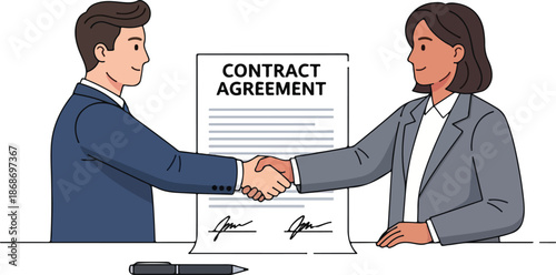 Business people shaking hands over a contract agreement.