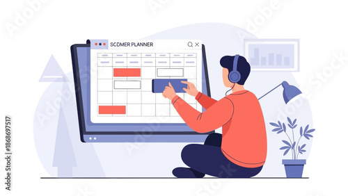 Man with headphones plans schedule on computer screen, remote work concept