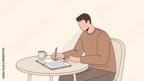 Man Writing in Notebook at Table with Coffee Cup, Minimalist Illustration