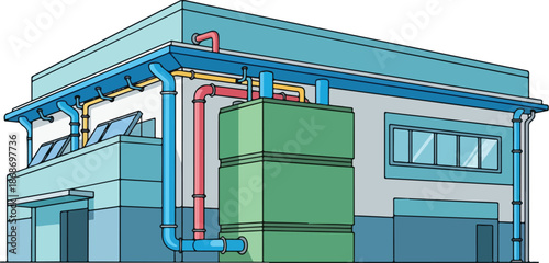 Rainwater harvesting system on a building with solar panels.