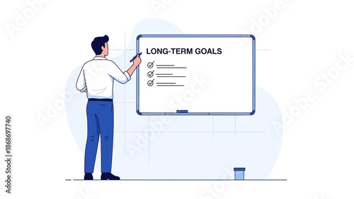 Man writing long-term goals on whiteboard, planning, strategy, business concept, illustration
