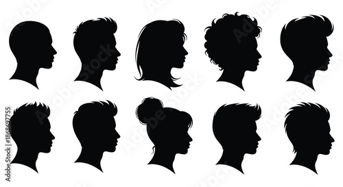 A collection of diverse human head profiles presented in a striking black silhouette
