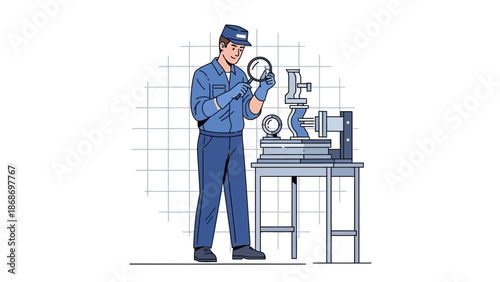 Mechanic inspecting machinery with magnifying glass, quality control, industrial workshop