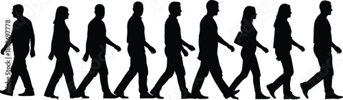 Black Silhouettes of People Walking in Side Profile Depicting Motion, Diversity, and Natural Human Movemen