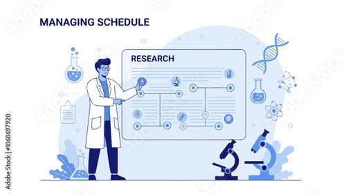 Scientist Managing Research Schedule with DNA and Microscope Illustration