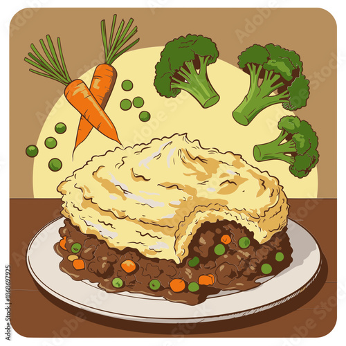 Shepherd's pie dish with vegetables in a plate. A comforting meal with a generous serving of mashed potato and meat filling, surrounded by fresh carrots, broccoli, and peas.