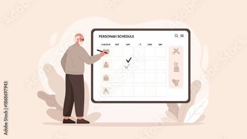 Senior man planning personal schedule on digital tablet with checkmarks and icons
