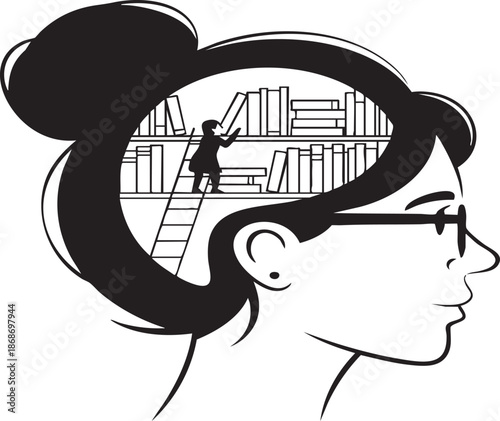 Silhouette of a woman with glasses lost in thought surrounded by a vast library inside her mind with a child on a ladder reaching for a book.