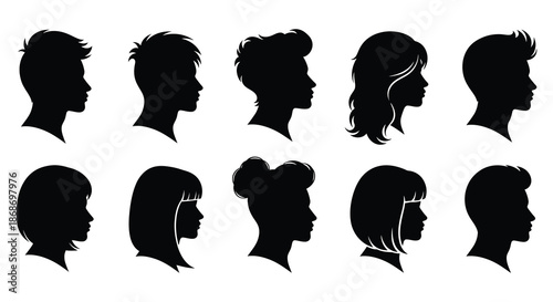A collection of diverse human profile silhouettes showcasing varying hairstyles and facial features silhouette