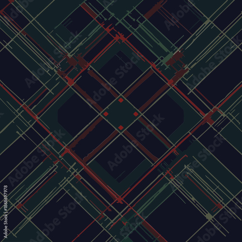 Abstract diagonal plaid pattern in dark navy background with varying shades of red, green, and beige.