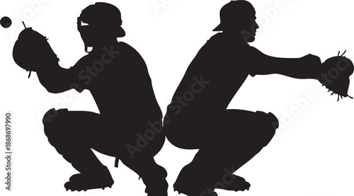 Two baseball players in black silhouette throwing baseballs with a small ball in the air