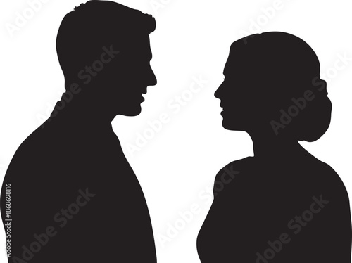 Two black silhouettes of people facing each other closely with visible lips and noses white background