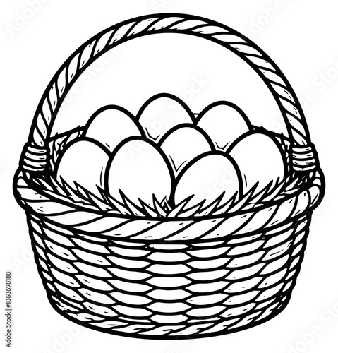 Hand drawn line art illustration of a basket of eggs depicting a festive spring scene for Easter