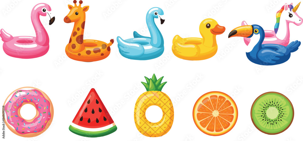 Obraz premium Vector illustration set of colorful summer pool floats featuring animal shapes like flamingo giraffe duck unicorn and fruit shapes like watermelon and pineapple.
