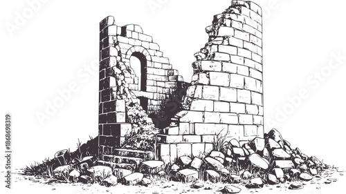 Detailed black and line of ancient ruined stone tower ruins architecture
