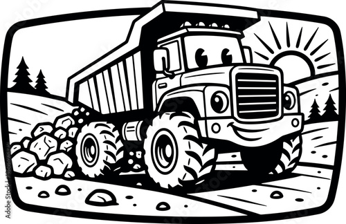 Cute cartoon dump truck with rocks and sun in frame vector illustration silhouette cricut design
