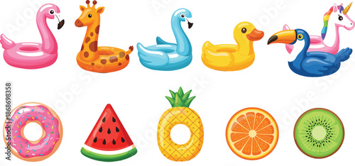 Vector illustration set of colorful summer pool floats featuring animal shapes like flamingo giraffe duck unicorn and fruit shapes like watermelon and pineapple.