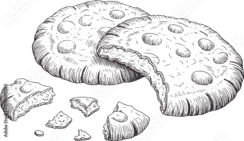 Detailed monochromatic line of a partially sliced pepperoni pizza