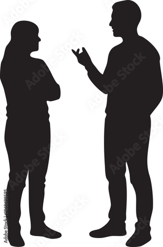 Two people standing and gesturing in a conversation silhouette