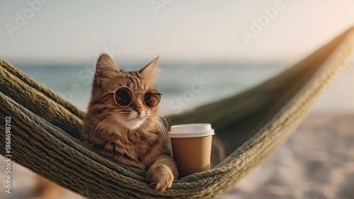 A cat with glasses is lying in a hammock on the beach, holding a cup of coffee in its paws.