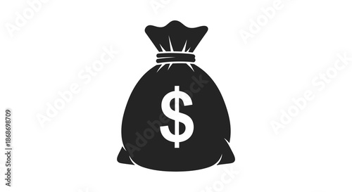 A simple graphic representation of a black money bag with a dollar sign a stark silhouette