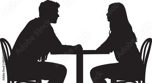 Two silhouettes of a man and a woman sitting at a table and holding hands chairs