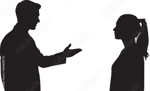 Two silhouettes of a man and a woman facing each other with hands extended in a white background