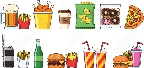 Set of assorted fast food items including burgers, fries, drinks, pizza, donuts, chips, chicken, and beverages