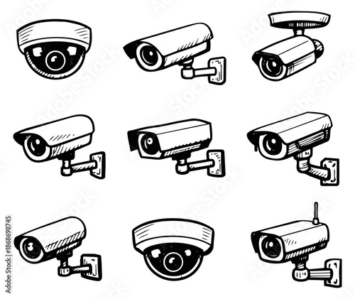 Hand drawn line art security camera set featuring CCTV icons for protection and monitoring
