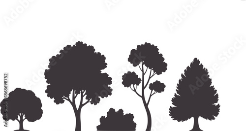 Five black tree silhouettes in varying shapes and sizes