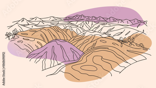 An abstract line art illustration of a mountain range with purple orange and white hues on a beige background