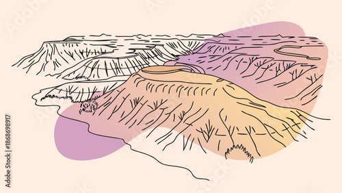 A stylized illustration of a desert canyon landscape with abstract colorful background