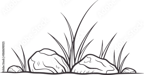 Minimalist black and line of grass and rocks