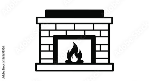 A simple black and white illustration depicting a brick fireplace with a burning fire silhouette