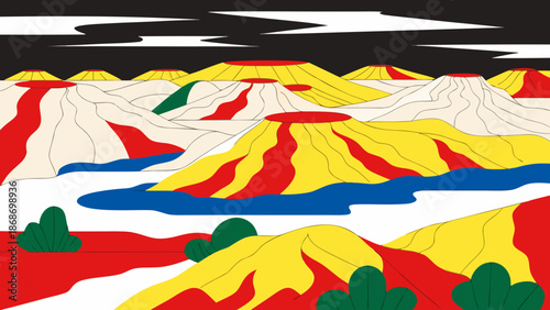 Vibrant desert landscape with colorful mountains and river